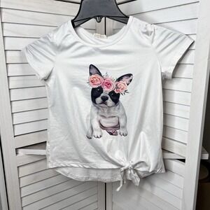 Pixie Girl T-Shirt French Bulldog W/ Flowers Girls Size 10/12 White‎ Tie Waist